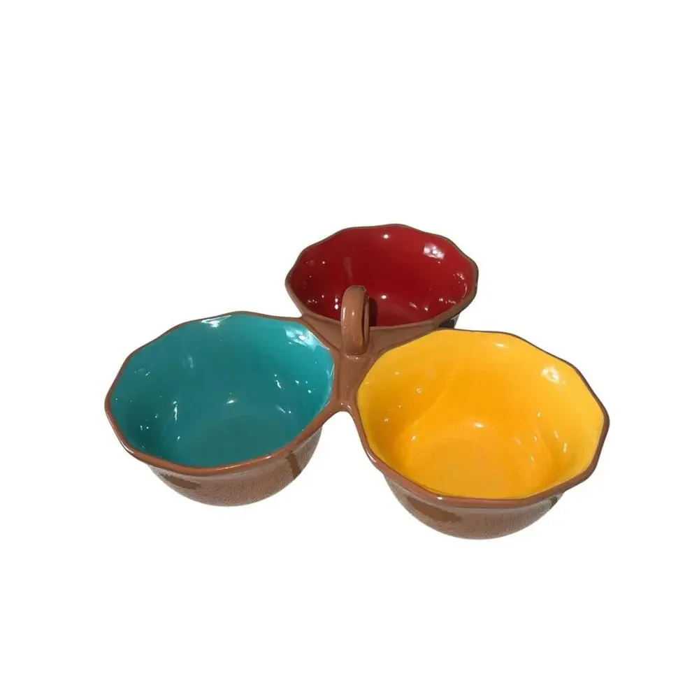 World‎ Market 3-Section Ceramic Condiment Trio Server Salsa Dip Bowl Scalloped